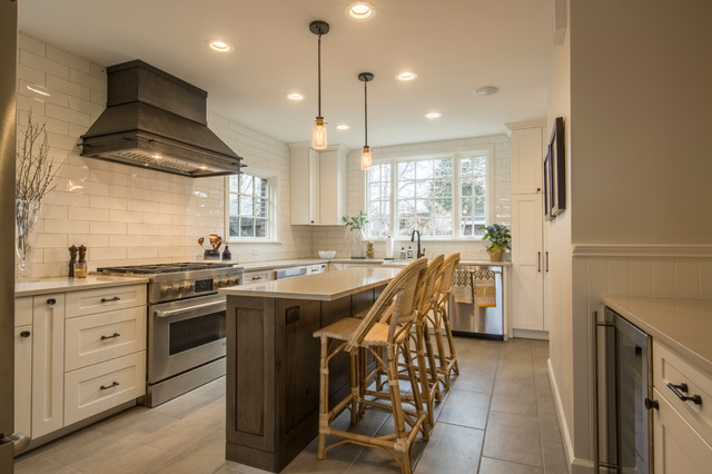 Farmhouse-inspired kitchen with finished wood flooring